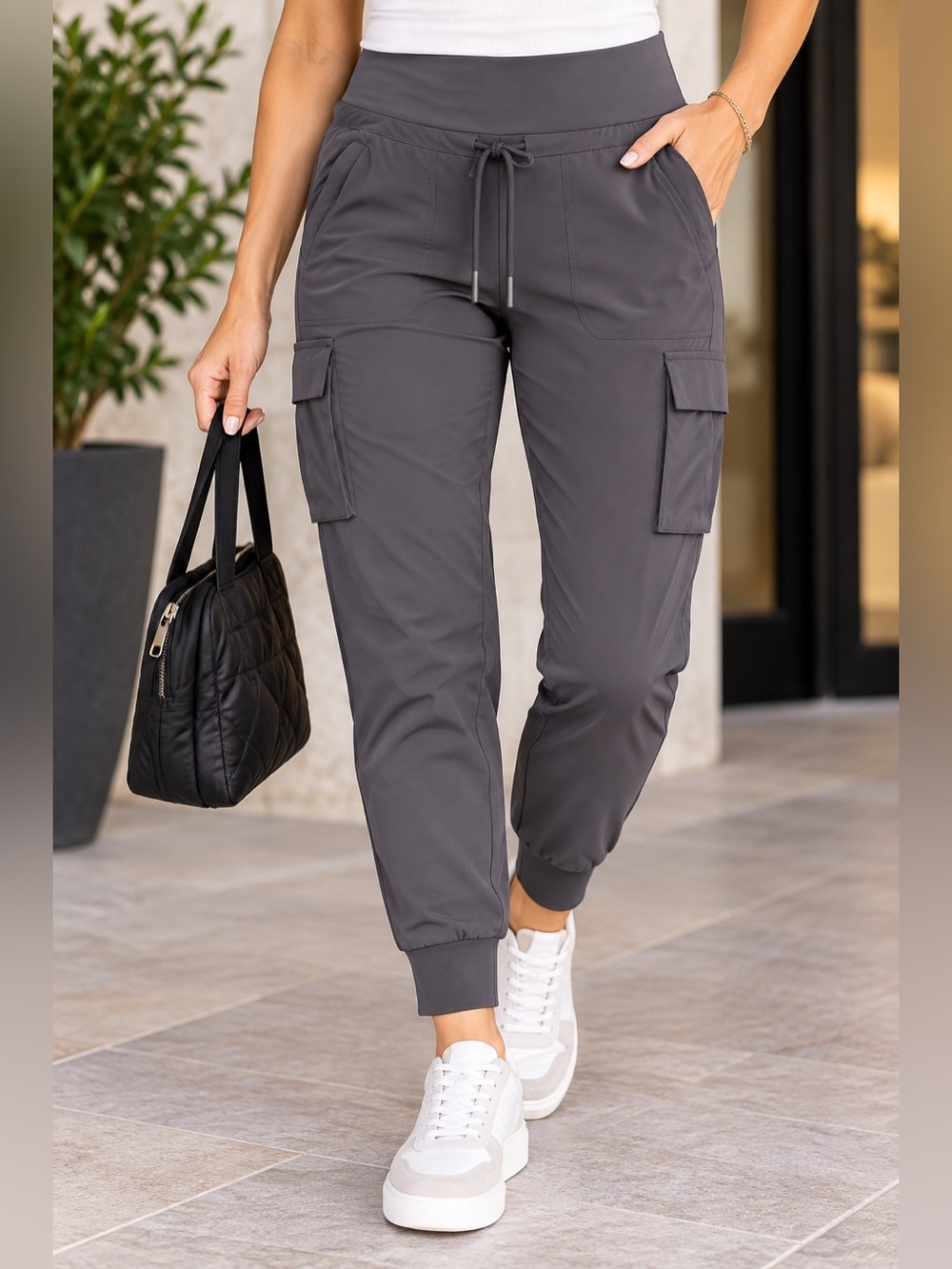 Athleta Women’s Cargo Jogger Pants Size 4 Gray Pull On Stretch Drawstring